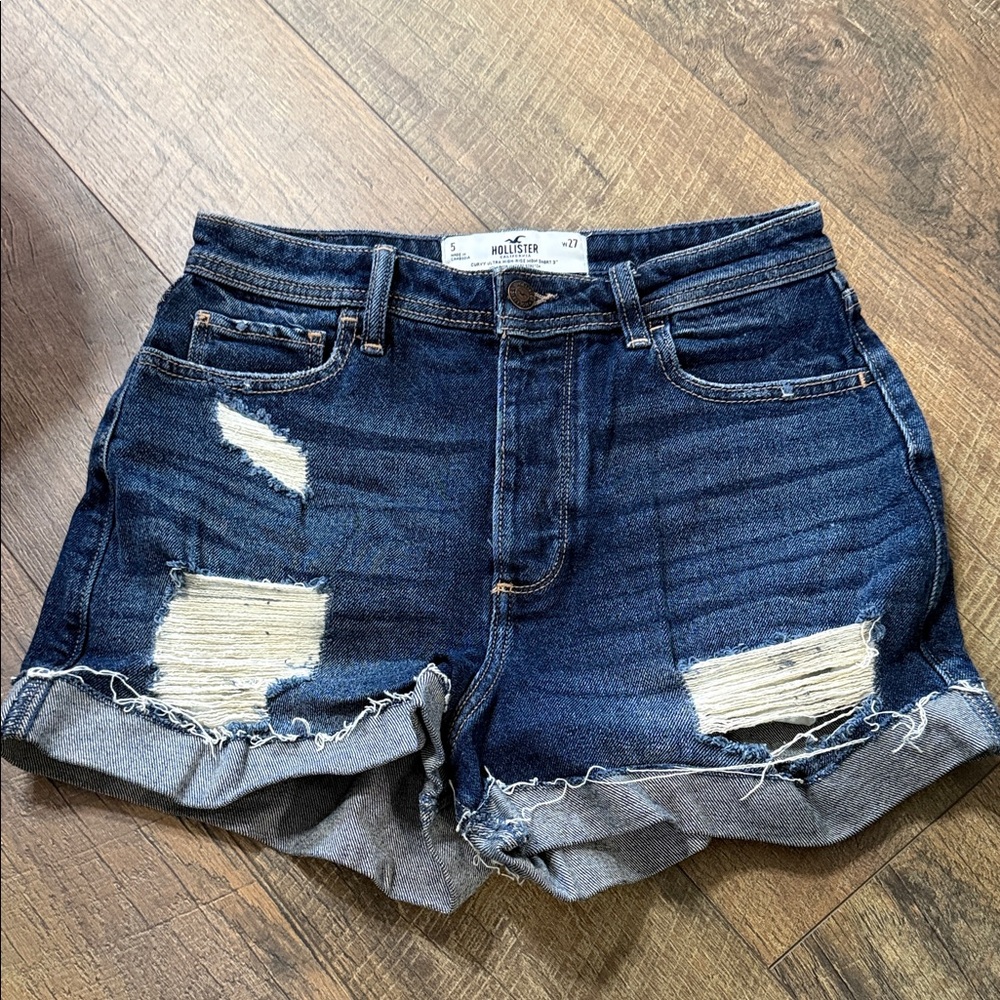 Hollister Women's Dark Blue Distressed Jean Shorts